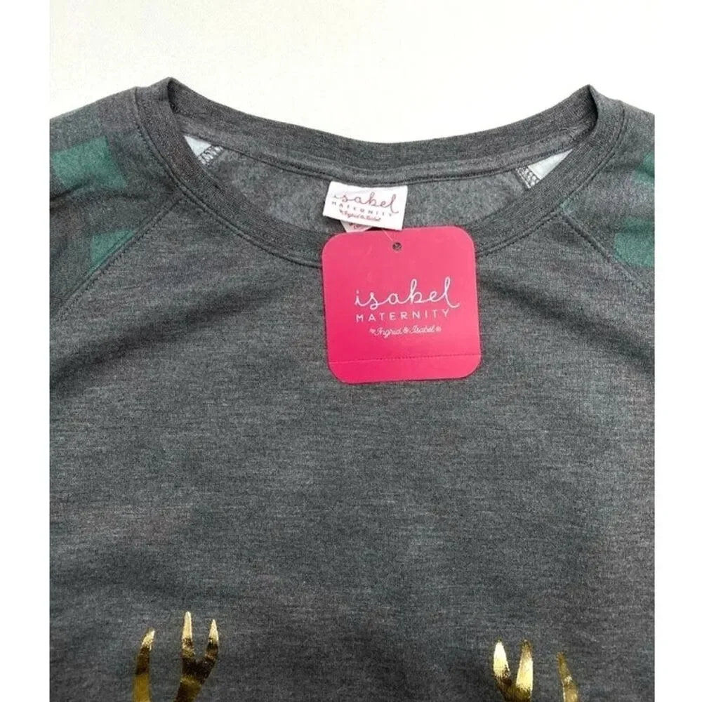 Isabel Maternity Plaid Reindeer Tunic Sweatshirt Women's XXL Gray Teal Gold NWT